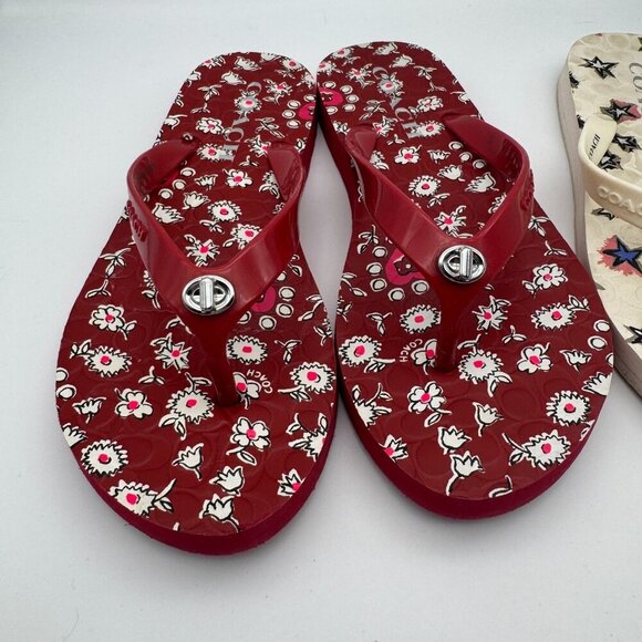 Coach Sandals Abbigail Off White Star  Floral Red Thong Flip Flop Rubber Size 6B - Picture 2 of 6